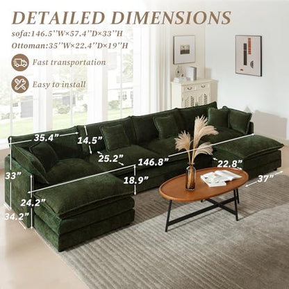 SoarFlash Chenille Sectional Sofa, Comfy L/U Shaped Modular Coush Sofa with Ottoman, Modern 4 Seat Couch Deep Seat Sofa Set for Living Room,Green - color: Green, size: 4 Seat+2 Ottoman