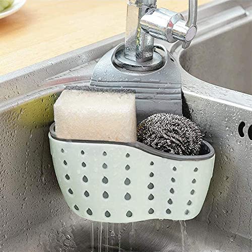 EC Kitchen Sink Caddy Sponge Holder Plastic Hanging Ajustable Strap Faucet Caddy with Holes - color: Blue