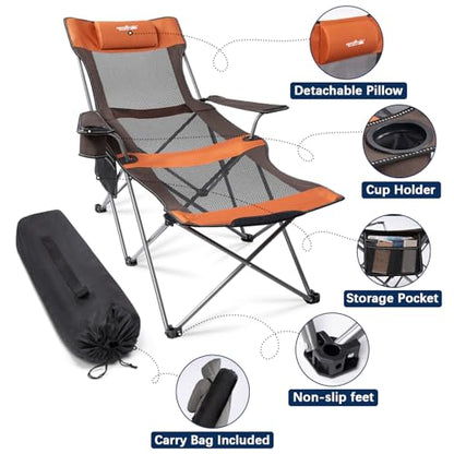 apollo walker Reclining Beach Chair, Adjustable 90-135° Backrest Camping Lounge Chairs for Adults, Folding Chair with Foot Rest & Detachable Pillow - Standard 6-Leg, Orange - color: Orange, style: 6-Leg