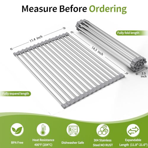 Foldable Over Sink Dish Drying Rack - Stainless Steel Sink Drain Rack with Silicone Edges, Roll-Up Storage for Kitchen, RV, Dorm Sinks (14.5×11.4in)