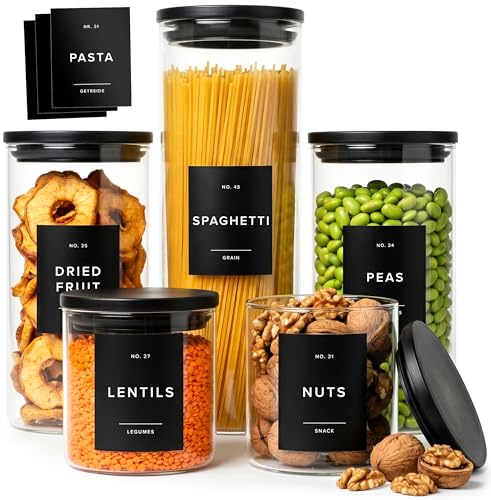 EDELHAUS Glass Storage Containers with Black Lids [Extra Thick Glas] with 54 Labels - Canister For Pantry Noodles Flour Cereal Rice Sugar Tea Coffee Beans - Round Set of 5x - color: 5 Pack - Black Lids