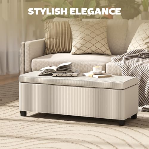 HOMCOM 44 Inches Storage Ottoman Bench, Foot Rest with Removable Lid, Legs, End of Bed Bench, Corduroy Storage Chest, Padded Seat, for Living Room, Bedroom, Entryway, Beige