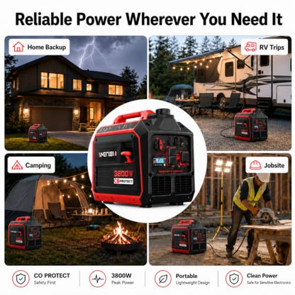 AMERISUN 3800W Portable Inverter Generator, CO Sensor, Gas Powered Generator, Super Quiet for Home Use, ECO Mode EPA Compliant, Parallel Capable Long Run Time for Camping Tailgating Emergency