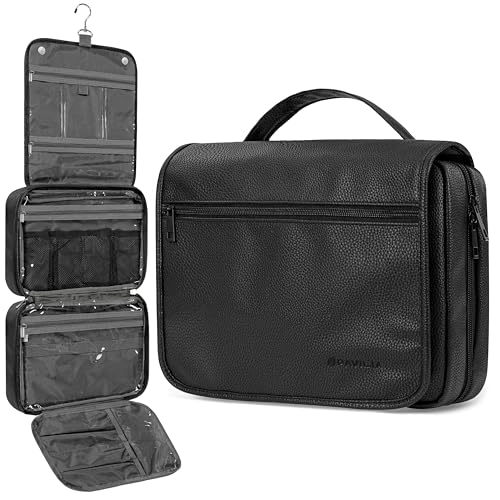 PAVILIA Hanging Toiletry Bag for Women Men, Large Travel Organizer with 5 Compartments & Swivel Hook, PU Leather Dopp Kit, Foldable Water-Resistant Makeup Cosmetic Bag for Full Size Bottles (Black) - color: Black