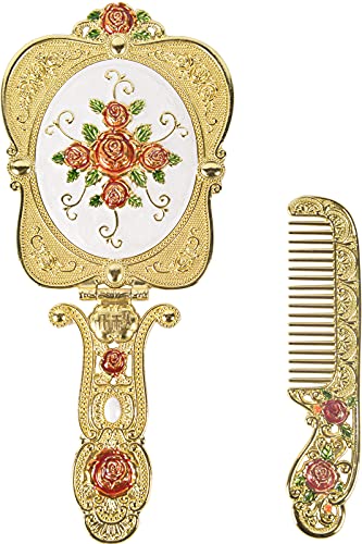Nerien Antique Mirror Comb Set Vintage Metal Handheld Makeup Mirror with a Comb Russian Style Embossed Rose Hand Mirror Travel Portable Foldable Mirrors Decorative Tabletop Stand Mirrors Gold-1 - color: A - Gold