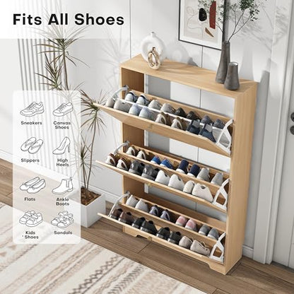 Nicetree Shoe Cabinet with 3 Flip Drawers，Freestanding Shoe Storage Cabinet, Narrow Shoe Organizer Cabinet, Farmhouse Slim Shoe Rack Cabinet for Entryway,Natural Oak with Hook - color: Natural Oak, style: 3-Drawers with Hook