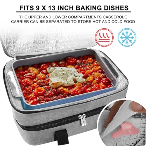 esouler Double Insulated Casserole Carrier Bag Hot & Cold Food Carrier Bag Lasagna Holder Lunch Bag for Picnics, Parties, Travel, Fits 9 x 13 Inches Casserole Dish-Grey - color: Grey, size: 16x10x7.2 in