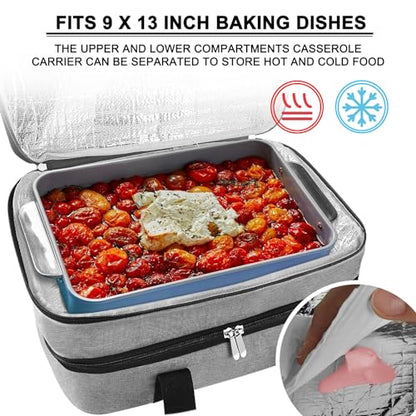 esouler Double Insulated Casserole Carrier Bag Hot & Cold Food Carrier Bag Lasagna Holder Lunch Bag for Picnics, Parties, Travel, Fits 9 x 13 Inches Casserole Dish-Grey - color: Grey, size: 16x10x7.2 in
