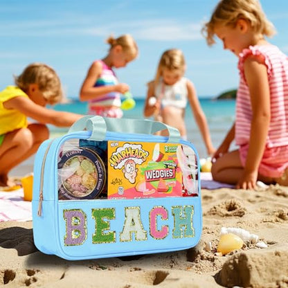 Beach Bags Chenille Letter Patch Clear Beach Bag for Travel Preppy Cosmetic Bags Clear Snacks Pouch with Zipper Toiletry Bags for Traveling Women Travel Bags for Toiletries - color: Blue-Beach