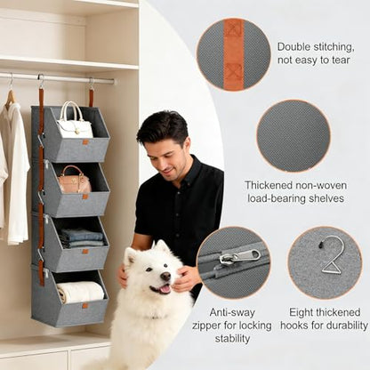 Hanging Closet Organizer with Detachable Mesh Bins - 4 Tier Fabric Storage Shelves for Closet Organization, Small Closet, Wardrobe, Bedroom, Dorm & RV, Collapsible Hanging Storage System
