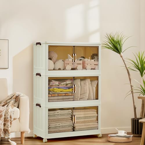Garvee 243QT Stackable Storage Bins, Plastic Bins for Storage with Lids, Plastic Storages Drawers with Magnetic Doors & Wheels, Foldable Collapsible Closet Organizers for Home, Dorm, Office, White - size: 81QT