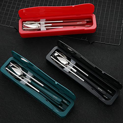 DEVICO Travel Utensils, 18/8 Stainless Steel Portable Reusable Camping Silverware Cutlery Flatware Set, 4-Piece Include Fork Spoon Chopsticks with Case (Dark Green) - color: Dark-green