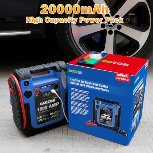 1800A Jump Starter with Air Compressor – Auto Battery Booster for 6.0L Gas/6.0L Diesel, 260PSI Tire Inflator, 20000mAh Power Bank with USB Charging & LED Emergency Light