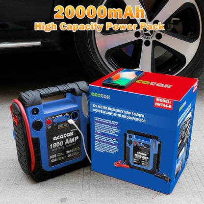 1800A Jump Starter with Air Compressor – Auto Battery Booster for 6.0L Gas/6.0L Diesel, 260PSI Tire Inflator, 20000mAh Power Bank with USB Charging & LED Emergency Light