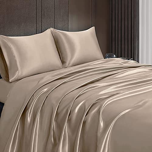 Homiest 3pcs Satin Sheets Set Luxury Silky Satin Bedding Set with Deep Pocket, 1 Fitted Sheet + 1 Flat Sheet + 1 Pillowcase (Twin XL Size, Taupe) - color: Taupe, size: Deep pocket - Twin XL size