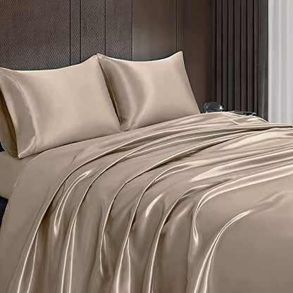 Homiest 3pcs Satin Sheets Set Luxury Silky Satin Bedding Set with Deep Pocket, 1 Fitted Sheet + 1 Flat Sheet + 1 Pillowcase (Twin XL Size, Taupe) - color: Taupe, size: Deep pocket - Twin XL size