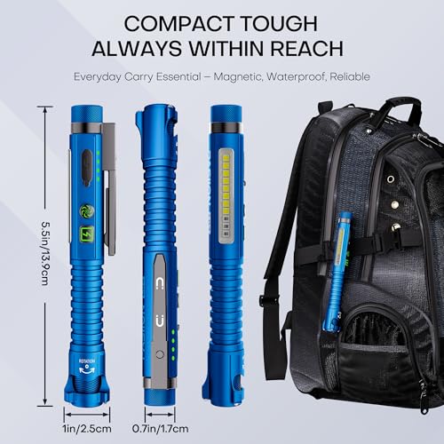 EDC Flashlight Rechargeable,800 Lumen Small Flashlight with Magnetic Clip & Base, 11 Modes LED Flashlight,Glass Breaker&Bottle Opener, USB-C Flashlight for Working,Home and Emergency - color: Blue