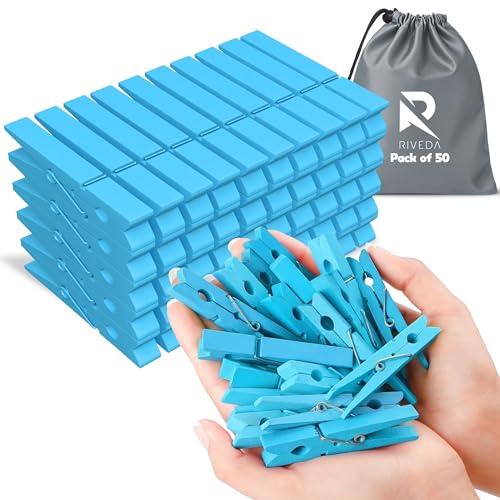 RIVEDA 50pcs Colored Wooden Clothes Pins, 2.9inch, Clothespins for Classroom, Clip Hanging Photos, DIY Clips for Crafts, Decorations (Light Blue) - color: Light Blue