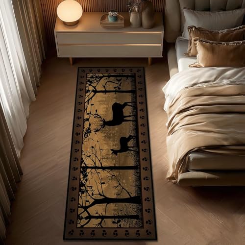 Rustic Rugs 2x5 for Entryway,Deer Country Cabin Wildlife Kitchen Rug Washable Indoor Door Mat Non Slip Accent Throw Rugs Vintage Floor Carpet Bedroom Area Carpet Runners for Hallway,Entry,Laundry - color: Brown Black, size: 2'x5'