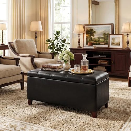 Joveco Storage Ottoman Bench, 33 Inches Faux Leather Rectangle Tufted Foot Stool for End Foot of Bed, Bedroom, Living Room, Black - color: Rectangular Black