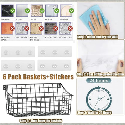 Sonyabecca 6 Pack Hanging Wall Basket for Organizing, Large Wire Basket for Storage Pantry with 5 S Hook+6 Adhesive Hook, Wall Mounted Shelf for Kitchen Bathroom - size: 13"L x 6.3"W x 6.02"H-6Pack