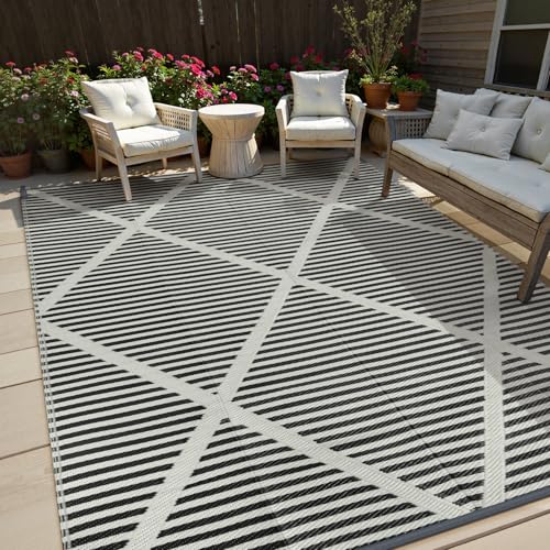 Lahome Outdoor Rug 8x10 Patio Waterproof, Plastic Straw Reversible Outside Rv Rugs for Camping, Large Indoor Outdoor Carpet for Porch Deck Backyard Camper Picnic, Grey 8'x10' - color: Light Grey, size: 8' x 10' (Rectangular)
