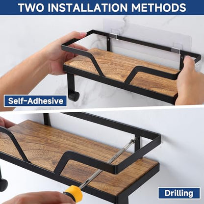 Paper Towel Holder Wall - Kitchen Towel Holder with Shelf Wooden Spice Rack Organizer with 4 Hooks(Self-Adhesive & Wall Mounted)