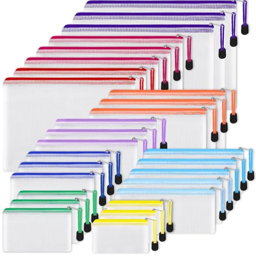 EOOUT 28pcs Mesh Zipper Pouch, Waterproof Zipper Bags, 8 Sizes Plastic Travel Pouch, 10 Colors, Multipurpose for Board Game, Travel Storage, School Supplies, Office Appliances, Home Organize - style: Multicolor-28pcs