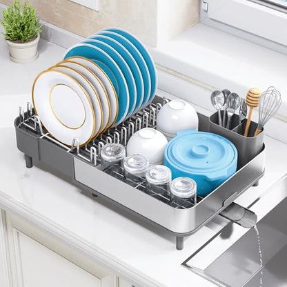 Urackify Dish Drying Rack - Dish Drainer for Kitchen Counter, Stainless Steel Dish Rack with Swivel Draining Spout & Drain Board, Expandable Space-Saving Kitchen Dish Organizer for 3-4 People, Grey - color: Gray