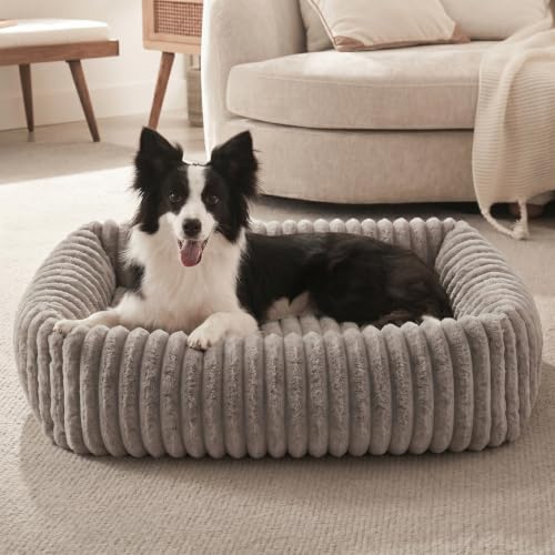FURTIME Medium Dog Beds for Medium Dogs Washable, Orthopedic Dog Bed, Rectangle Warming Soft Calming Sleeping Puppy Bed Durable Pet Bed with Anti-Slip Bottom - color: Khaki, size: M Plus (30"x24"x8")