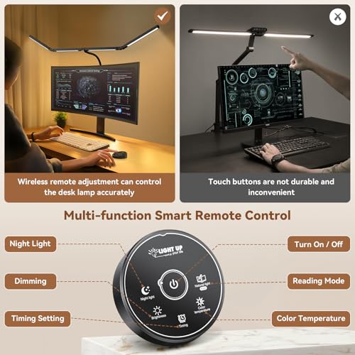 Pzloz Led Desk Lamps for Home Office - Eye Caring Architect Lamp with Clamp, Double Head Computer Monitor Work Desk Light with Remote Control: 24W Flexible Dimmable Desktop Table Lamp - color: Black Plus