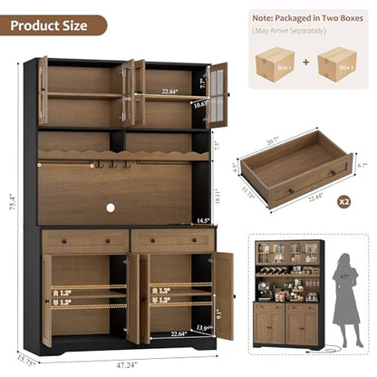 HOSTACK 75.4" Tall Kitchen Pantry Cabinet with Charging Station, Modern White Kitchen Hutch with Microwave Stand and Wine Rack, Large Food Pantry Storage Cabinet with Glass Doors and Drawers, Brown - color: Black/Brown