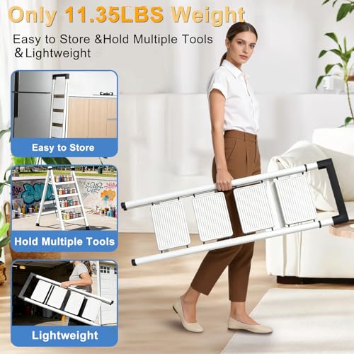 4 Step Ladder with Handrail Folding Step Stool with Tool Tray | 500LBS Capacity Sturdy Carbon Steel Frame Anti-Slip Stripe Pedal for Home Kitchen Garage (white-4step) - color: White-tool, size: 4 step