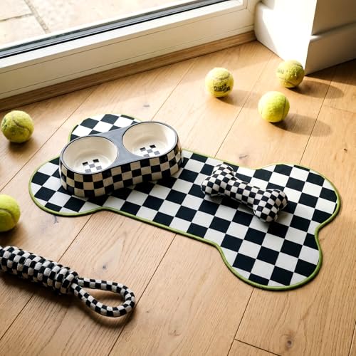 Yookeer Black and White Pup Placemat Check Plaid Cute Pet Food Mat for Dog Bowls and Cat Bowls Gift Decorations Buffalo Plaid Bone Shaped Dog Place Mat Spring Pet Accessories Supplies, 14 x 24 Inch