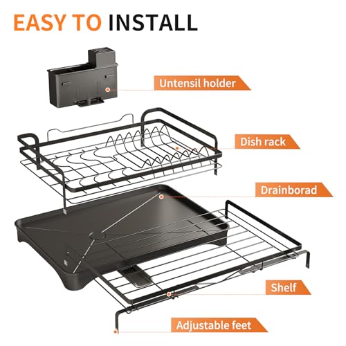 PureBox Extendable Dish Rack for Kitchen Sink - Heavy-Duty Adjustable Over Sink Drying Rack with Utensil Holder & Drain Tray, Space Saving Steel Frame Dish Rack (Black)