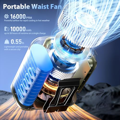 BARCHI HEAT Waist Fan,10000mAh Rechargeable Belt Clip Fan,5-Speed Portable Shirt Fan with 16000RPM Motor,Up to 30H Runtime,Hands-Free Cooling for Outdoor Work,Construction, Camping,Hiking