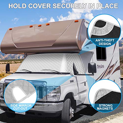 RV Windshield Cover Compatible with Class C Ford E450 1997-2025 Motorhome,Windshield Cover for Ice and Snow RV Front Window Sunshade Cover UV Block 4 Layers with Mirror Cutouts,Silver