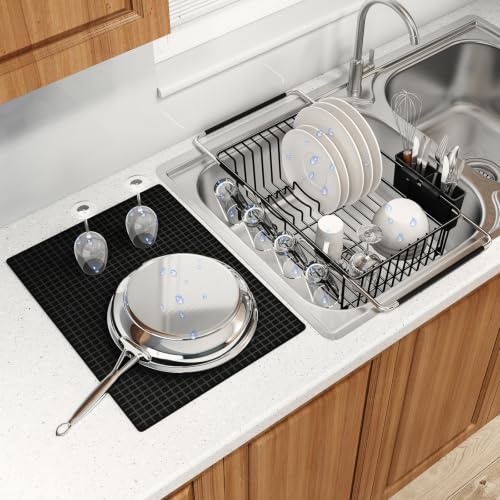 MAJALiS Dish Drying Rack Over The Sink with Utensil Holder, Mat | Expandable Stainless Steel Dish Drainer for Small Kitchen, Apartment, RV, Counter Space Saving, Perfect Fit, Rustproof - color: Black, size: For 11.5"-16" W Sink with Cup Holder & Mat