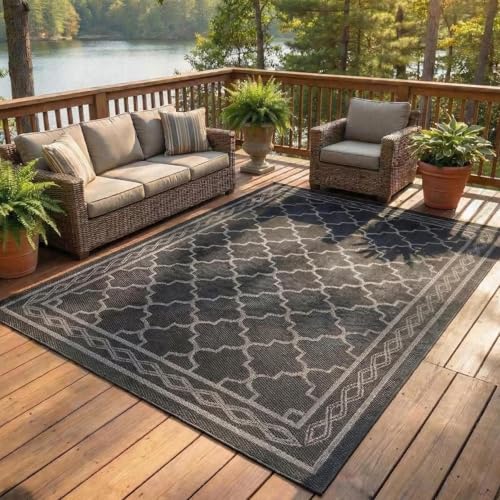 GarveeLife Outdoor Rug 9x18 Reversible Outdoor Plastic Area Rug Modern Decorative Carpet for Patio Deck Balcony, Waterproof Lightweight RV Mat for Porch,Camper,Backyard, Black/Grey - color: Black/Grey, size: 9' x 18' (Rectangular)