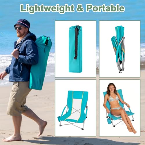 Romswi Low Beach Chairs for Adults 2 Pack, Lightweight Folding Sand Chairs with Breathable Mesh Back & Cup Holder, Portable Compact Camping Chairs, 300lbs Capacity,Green - color: Green - Low Back