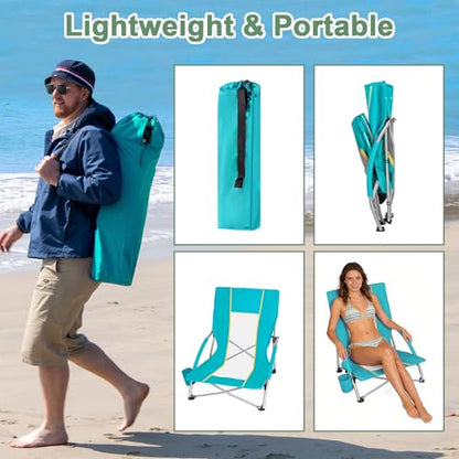 Romswi Low Beach Chairs for Adults 2 Pack, Lightweight Folding Sand Chairs with Breathable Mesh Back & Cup Holder, Portable Compact Camping Chairs, 300lbs Capacity,Green - color: Green - Low Back