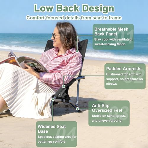 Romswi Low Beach Chairs for Adults 2 Pack, Lightweight Folding Sand Chairs with Breathable Mesh Back & Cup Holder, Portable Compact Camping Chairs, 300lbs Capacity,Black - color: Black - Low Back