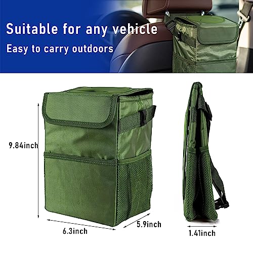 Kewucn Car Trash Can with Lid, Waterproof Mini Auto Garbage Can, Leak-Proof Vehicle Organizer and Storage Pockets, Hanging Collapsible Trash Bin, Universal Accessories for Most Cars (Army Green)