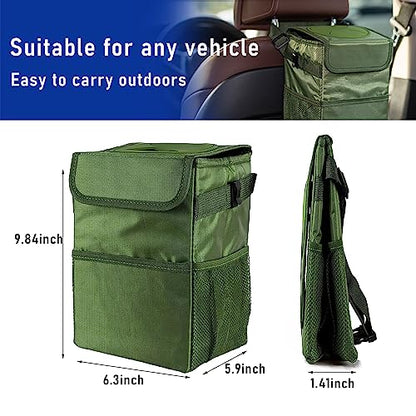 Kewucn Car Trash Can with Lid, Waterproof Mini Auto Garbage Can, Leak-Proof Vehicle Organizer and Storage Pockets, Hanging Collapsible Trash Bin, Universal Accessories for Most Cars (Army Green)