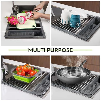 Roll Up Dish Drying Rack Over The Sink, 304 Stainless Stee Dish Drainer, Foldable & Adjustable Sink Drying Rack for Kitchen Sink Counter with Utensil Holder (Gray, Expandable) - size: Large