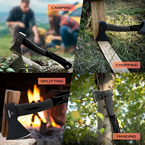 KSEIBI Wood Axe, 274151 Small Outdoor Camp Hatchet 14 Inch for Splitting and Kindling Wood, Forged Steel Blade with Anti-Slip and Shock Reduction Fiber Glasses Handle Great Throwing Axes and Hatchets - style: Black