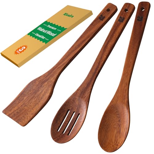 Riveira Walnut Wooden Spoons for Cooking Set of 3 – Natural Walnut Wooden Cooking Utensils, Spatula, Spoon - Premium Quality Utensil Set for Non-Toxic Cooking - color: Walnut, size: Set of 3