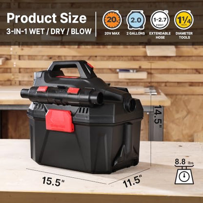 Shop-Vac Cordless 3-in-1 Wet/Dry Vacuum with Detachable Blower, 2 Gallon 20V Shop Vacuum for Car, Garage, Workshop & Jobsite, Charger Included, 5430082