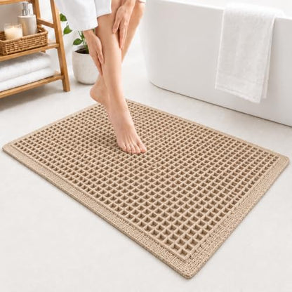 Waffle Bath Mat Non Slip Washable, Boho Bath Rug, Soft Absorbent Quick Dry Bath Mat for Shower Floor, Textured Waffle Weave Shower Rug, Farmhouse Bathmat Decor, 18x30 Inch