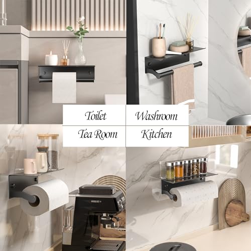 Black Paper Towel Holder Wall Mount with Shelf for Bathroom, Matte Black Adhesive Hand Towel Holder for Bathroom Kitchen RV - color: Black General